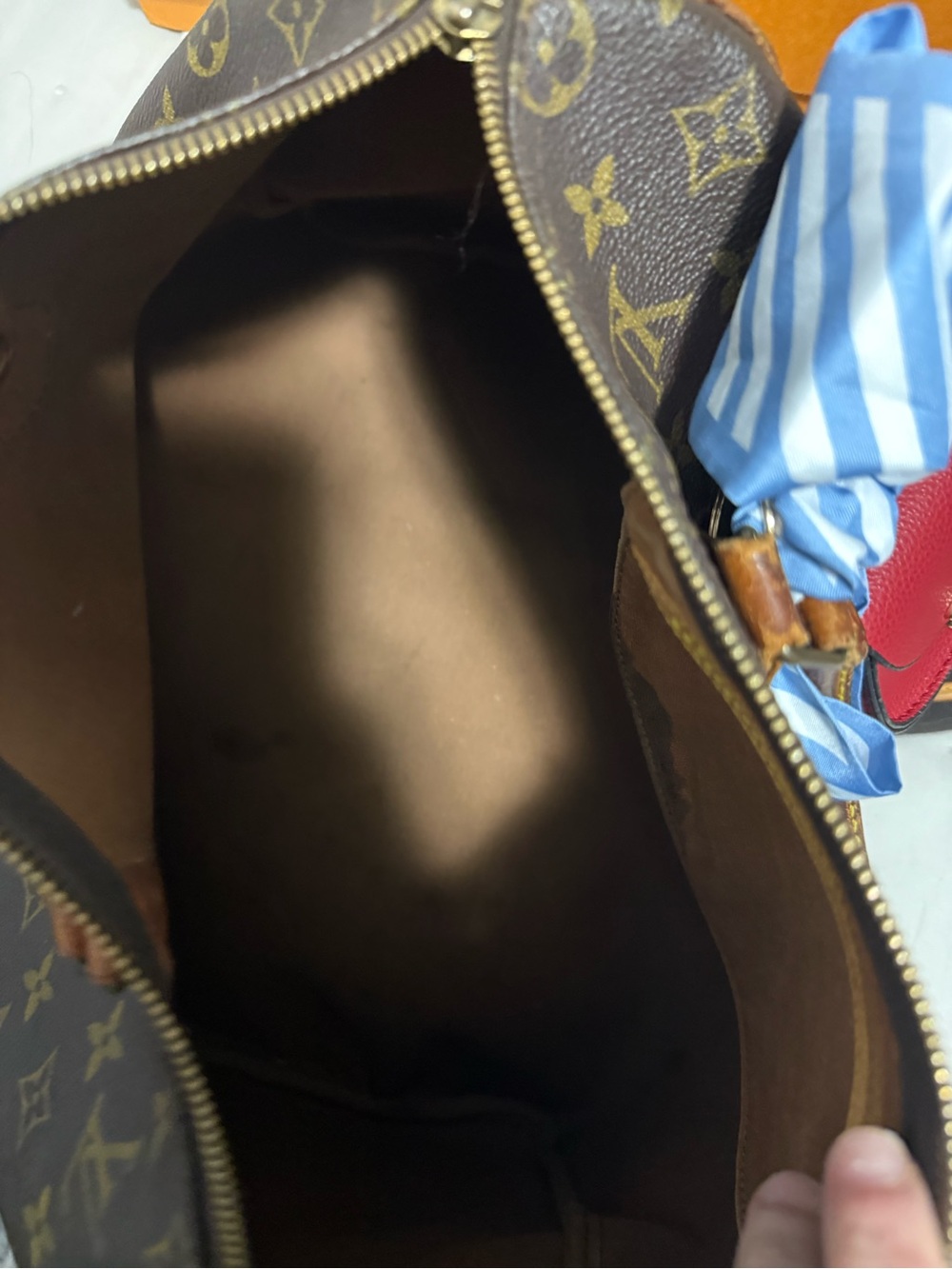 Louis Vuitton Monogram Canvas speedy 35 Bag with Red Charm and Blue Scarf - Picture 8 of 10